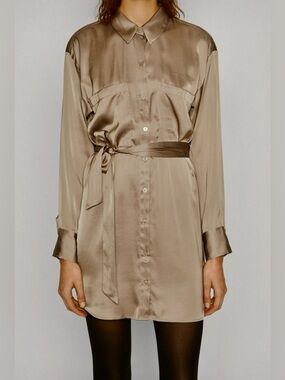 Abercrombie & Fitch Satin Button Down Shirt Dress with Waist Tie Taupe / Beige
